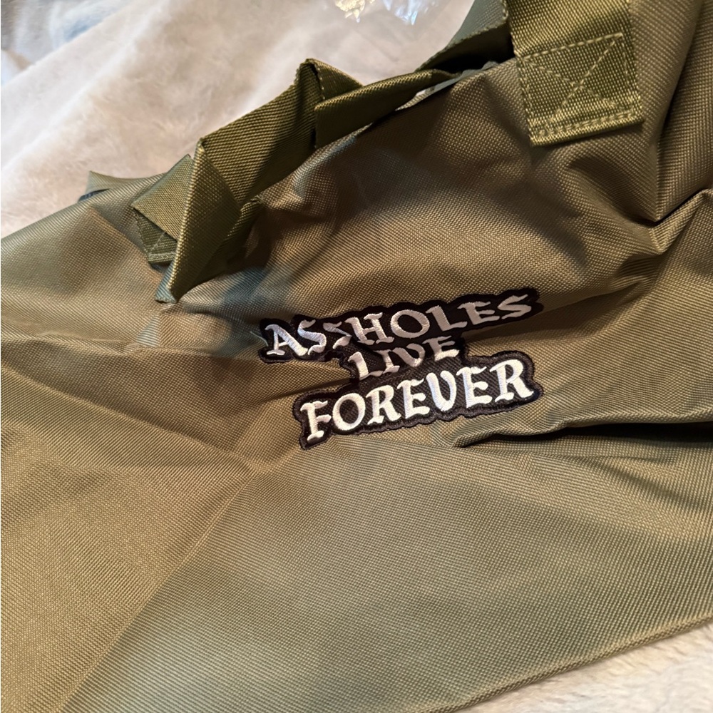 New olive green duffle Bag with Embroidered Text
